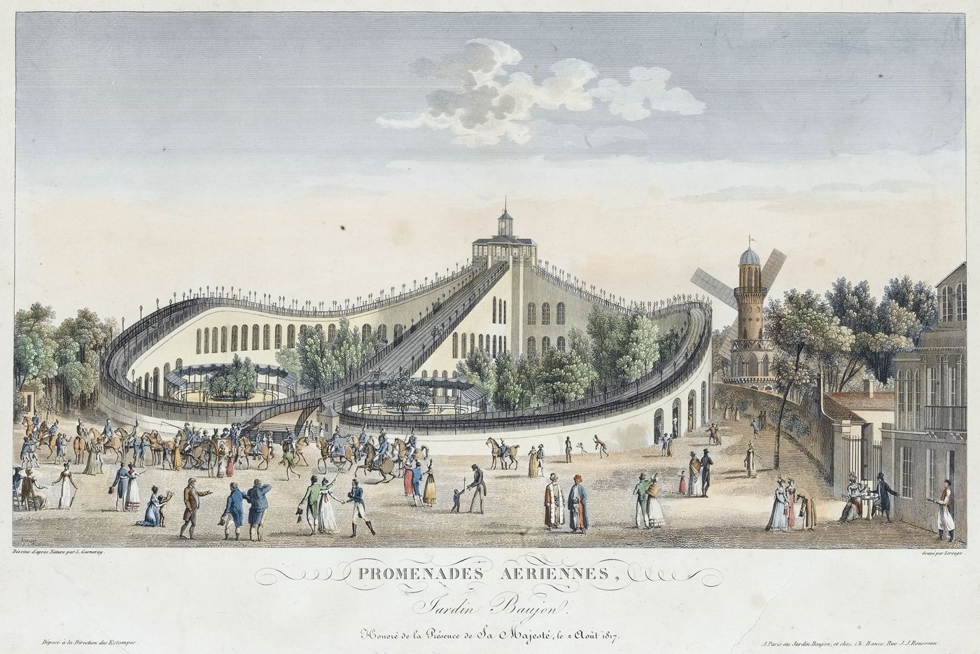 Incisione storica delle Promenades Aeriennes al Jardin Beaujon, 1817